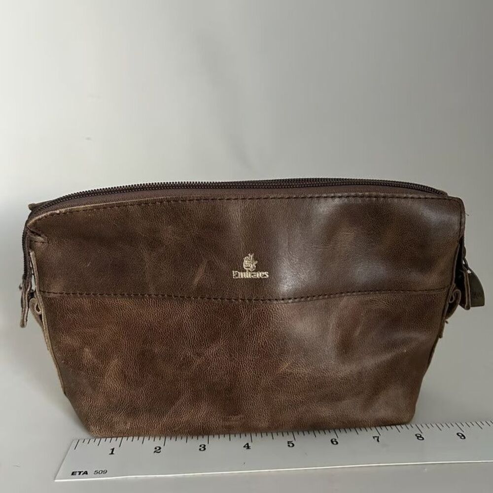 Emirates Amenity Kit Brown Leather Toiletry Bag Mens First Class Zipper